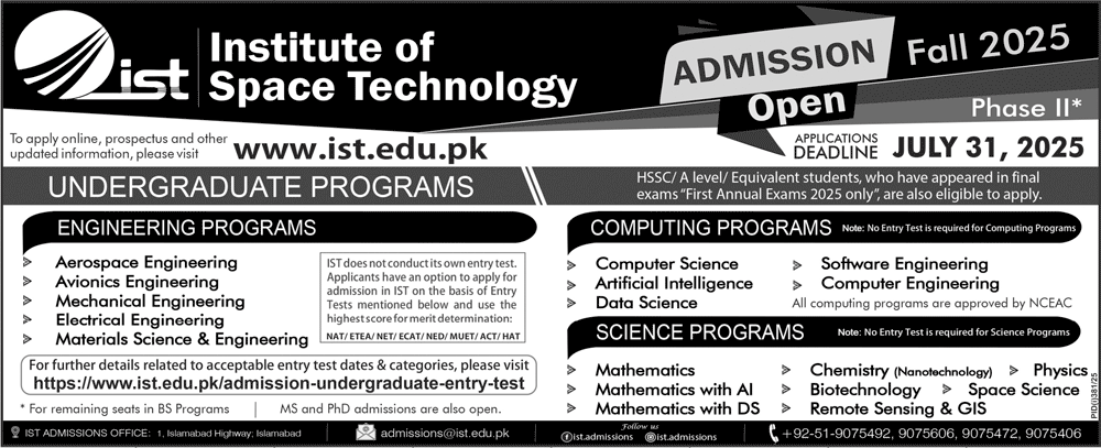 Admission Open in Institute of Space Technology Islamabad